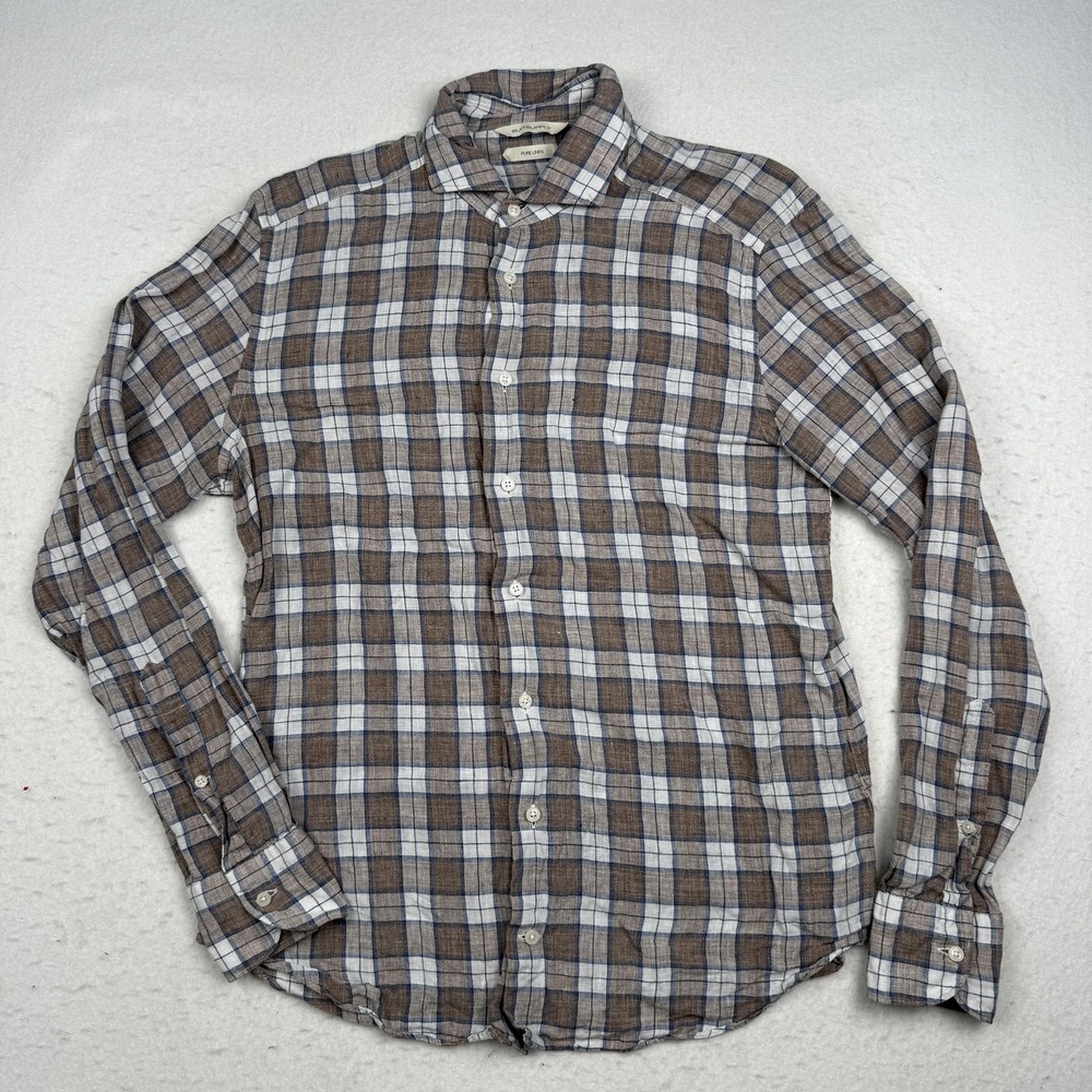 Suitsupply Shirt Mens Medium Brown Plaid Pure Linen Long Sleeve Slim Casual